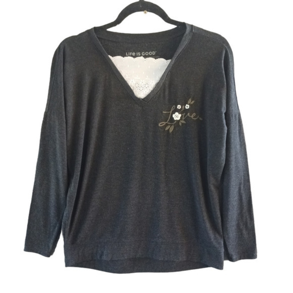 Life Is Good Supreme Blend Pullover Women XS Gray Embroidered‎ Love Oversized